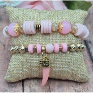 Lot of 2 Artisan Made Gold Tone & Pink Beaded Stretch Bracelet Shark Tooth Charm